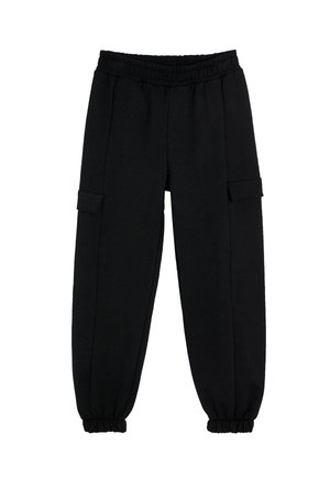 Schwarze Cargo-Hosen aus weichem Stoff, mit elastischem Bund, tapered Beinen und zwei Seitentaschen. Glatte Textur ohne Muster.