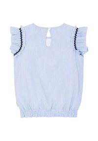 Blau-weiß gestreifte Kurzarmbluse mit Rüschensleeves, schlüssellochförmiger Rückenverschluss und elastischem Saum. Weicher, leichter Stoff.