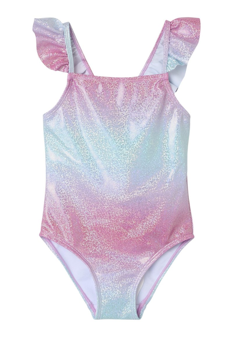 Iridescent enodelni kopalke z gradientom roza in modre barve, ki imajo naborke na naramnicah ter gladko, sijočo teksturo.