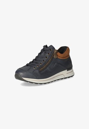 Navy leather sneaker featuring a brown suede collar, lace-up front with decorative zipper, white midsole, and textured black rubber outsole.
