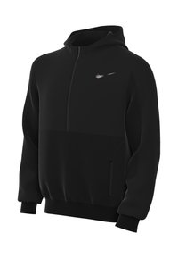 Schwarzer Nike-Hoodie mit Reißverschluss, Kängurutasche, gerippten Bündchen und strukturierten Einsätzen. Mit einem kleinen silbernen Logo auf der Brust.