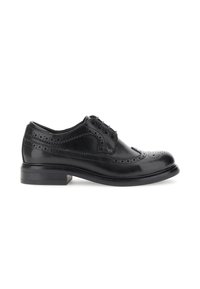 Scarpe oxford in pelle nera con dettagli brogue, finitura liscia, punta rotonda e tacco sottile. Progettate con sei occhielli e chiusura con lacci.