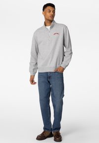 Grå collegegenser med halvlange glidelås i kragen, med rød tekst på brystet. Brukt med blå jeans og mørkebrune sko. Jevn tekstur.