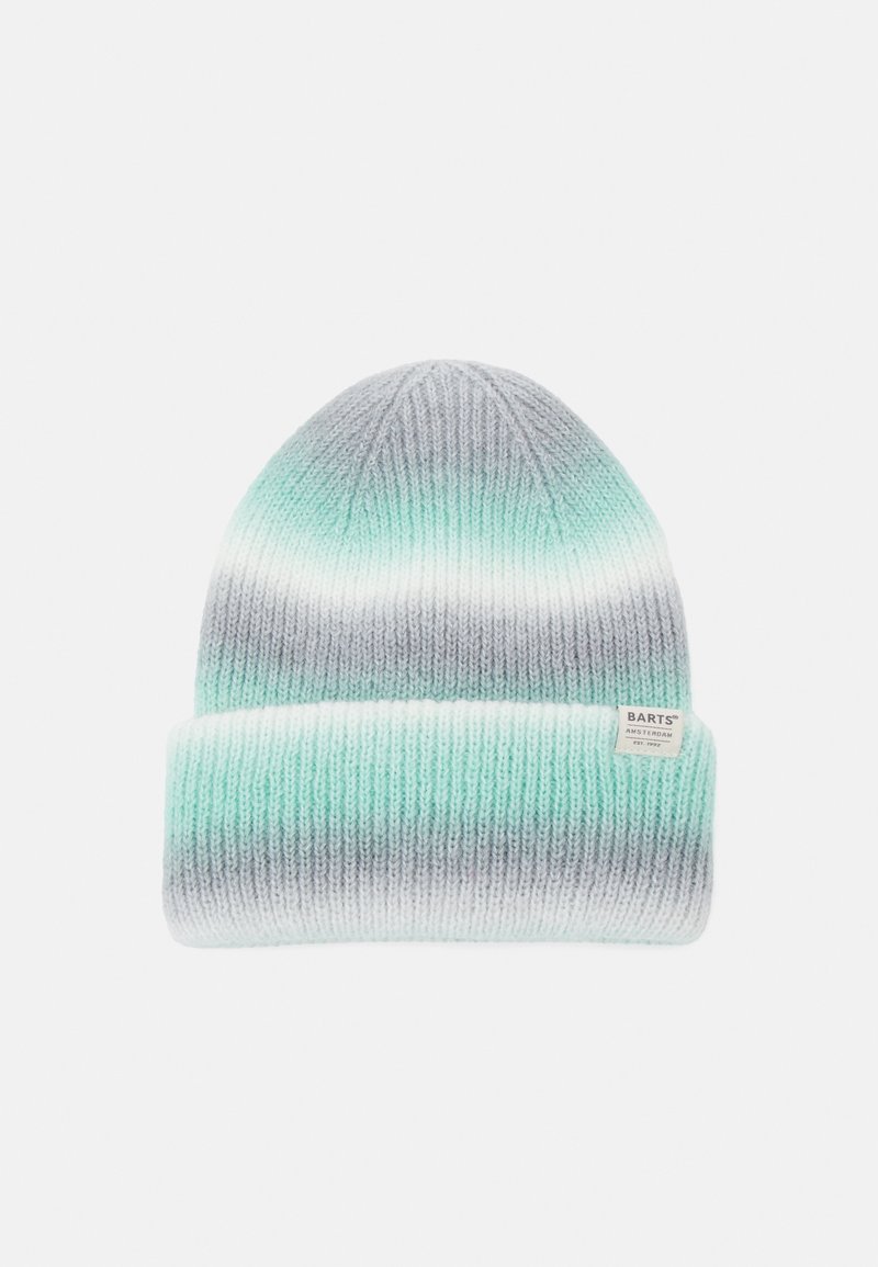 Dzianinowa czapka beanie w gradientowych odcieniach szarości i miętowej zieleni. Posiada składany mankiet oraz małą metkę z logo marki.