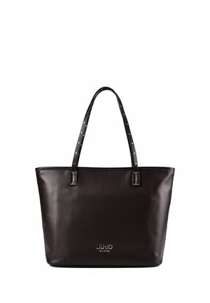 Sac cabas en cuir marron foncé avec deux longues bretelles d'épaule dotées d'œillets métalliques et un petit logo métallique indiquant Liu Jo Milano.