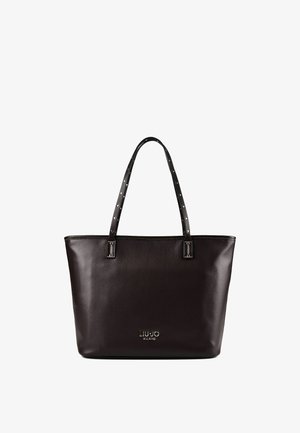 Donkerbruine leren totebag met twee lange schouderriemen met metalen oogjes en een klein metalen logo met de tekst Liu Jo Milano.