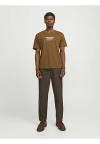 Brun bomulds T-shirt med korte ærmer med hvid tekst "PREMIUM ACADEMY INTERNATIONAL CONCEPT." Sammen med mørkebrune bukser og brune sko.