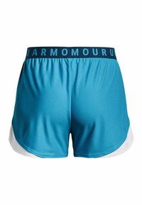 Pantalones cortos deportivos azules con un acabado texturizado, que cuentan con una cintura elástica azul oscuro con el nombre de la marca y costados con acentos blancos.