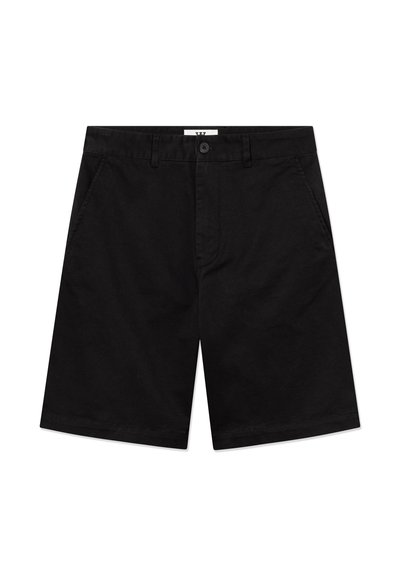 Shorts en coton noir avec une coupe droite, dotés d'une fermeture à bouton et de poches latérales. Texture lisse et finition soignée.