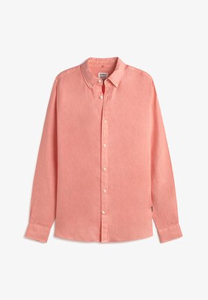 Long-sleeve button-up coral pink shirt with a collar and white buttons, displayed flat against a white background.