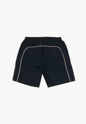 Navy shorts with a textured finish, elastic waistband, and contrasting beige piping along the side seams. No pockets visible.