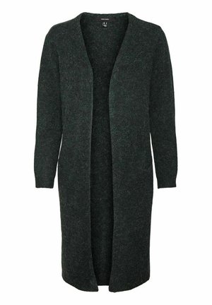 Cardigan lungo aperto di colore verde scuro, realizzato in tessuto a maglia testurizzato. Presenta maniche lunghe e una finitura morbida e soffice.