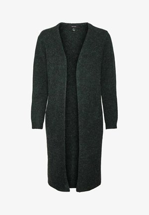 Cardigan lungo aperto di colore verde scuro, realizzato in tessuto a maglia testurizzato. Presenta maniche lunghe e una finitura morbida e soffice.