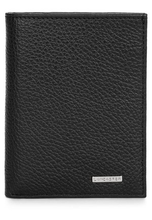 Black leather wallet with a pebbled texture, rectangular shape, and silver logo accent. Features stitched edges and a seamless design.