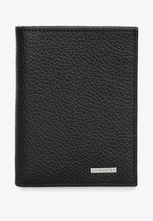 Black leather wallet with a pebbled texture, rectangular shape, and silver logo accent. Features stitched edges and a seamless design.