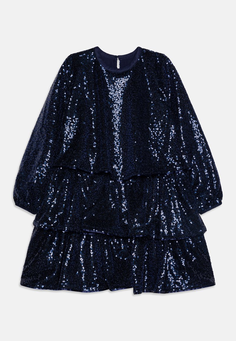 Robe en sequins bleu marine avec des manches longues, un col rond et un design à volants en couches ; une texture brillante et des paillettes tout au long.