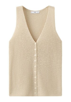 Beige knitted sleeveless vest with V-neck and front row of small matching buttons, textured fabric, flat lay.