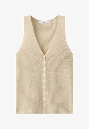 Beige knitted sleeveless vest with V-neck and front row of small matching buttons, textured fabric, flat lay.