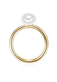 Aukso metalinis žiedas, kuriame yra didelė apvali balta perla viršuje. Žiedas turi lygų, blizgų paviršių su dviem susipynusiomis apvaliomis juostelėmis.