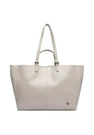 Grande borsa tote in pelle grigio chiaro con due manici lunghi e un piccolo logo metallico sulla parte anteriore inferiore a destra.