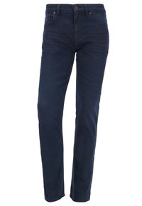 Mörkblå slim-fit jeans med knappr och dragkedjestängning, fram- och bakfickor samt bälteshål.