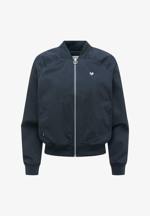 Giubbotto bomber blu scuro con collo, polsini e orlo a coste, cerniera frontale argento e piccolo logo bianco sul petto sinistro.