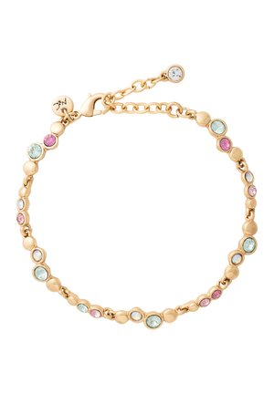 Pulsera de cadena de oro con piedras preciosas redondas en rosa, azul claro e iridiscentes, y un cierre de langosta con cadena extensora.