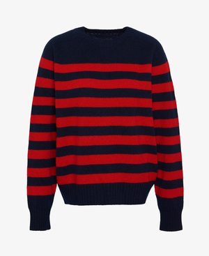 Tengerés és piros csíkos pulóver hosszú ujjal, bordázott mandzsettákkal és kerek nyakkal. Kötött textúra; vízszintes csíkok különböző szélességgel.