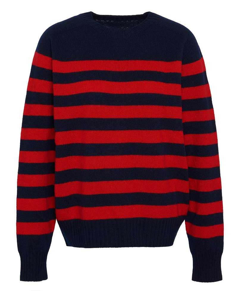 Tengerés és piros csíkos pulóver hosszú ujjal, bordázott mandzsettákkal és kerek nyakkal. Kötött textúra; vízszintes csíkok különböző szélességgel.