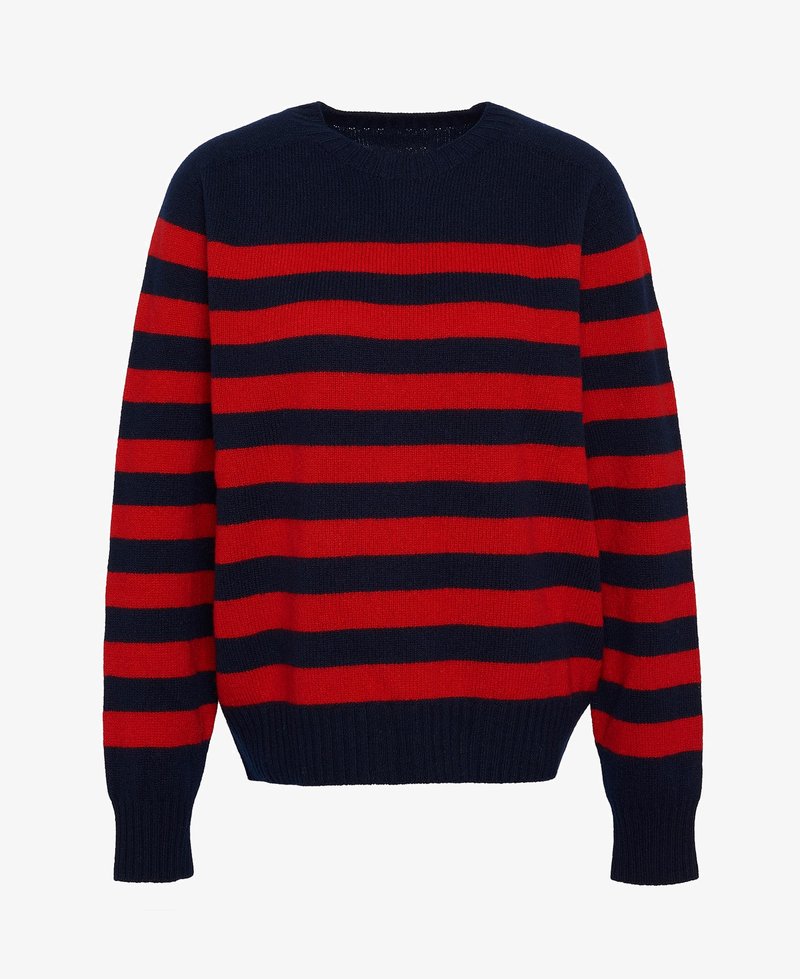 Tengerés és piros csíkos pulóver hosszú ujjal, bordázott mandzsettákkal és kerek nyakkal. Kötött textúra; vízszintes csíkok különböző szélességgel.