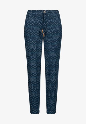 Pantalons bleu marine avec des motifs en zigzag blancs, taille à cordon de serrage avec des accents en perles en bois, et chevilles ajustées.
