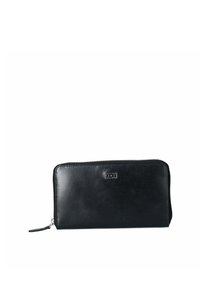 Portafoglio in pelle nera con una texture liscia, forma rettangolare, chiusura a zip nella parte superiore e un piccolo logo in evidenza sulla parte anteriore.
