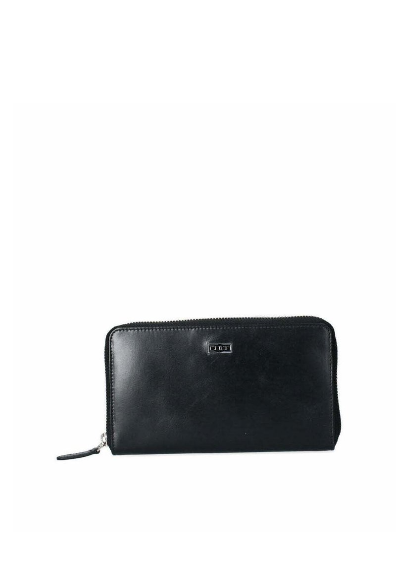 Portafoglio in pelle nera con una texture liscia, forma rettangolare, chiusura a zip nella parte superiore e un piccolo logo in evidenza sulla parte anteriore.