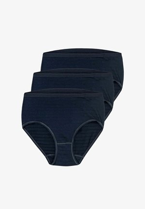 Three pairs of dark navy blue seamless brief-style underwear stacked on a white background.