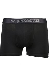Boxer briefs neri realizzati in materiale morbido. Presentano un elastico brandizzato di colore blu scuro con la scritta "JUNK deLUXE" in argento.