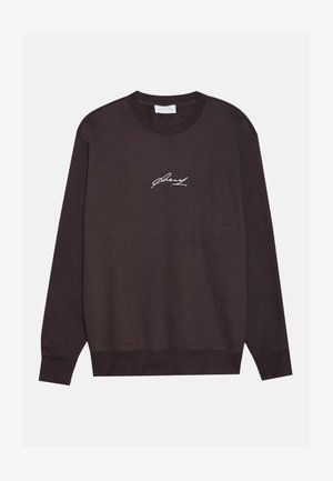 Rjav bombažni sweatshirt z dolgimi rokavi, okroglim izrezom in belim vezenim napisom spredaj. Mehka tekstura in sproščen kroj.