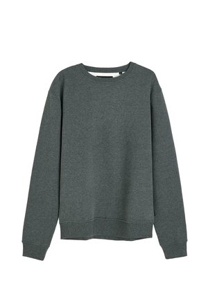Szary sweatshirt wykonany z mieszanki bawełny, z okrągłym dekoltem, długimi rękawami, ściągaczami przy rękawach i dole, o miękkiej fakturze, bez wzorów.