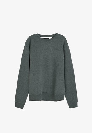 Szary sweatshirt wykonany z mieszanki bawełny, z okrągłym dekoltem, długimi rękawami, ściągaczami przy rękawach i dole, o miękkiej fakturze, bez wzorów.