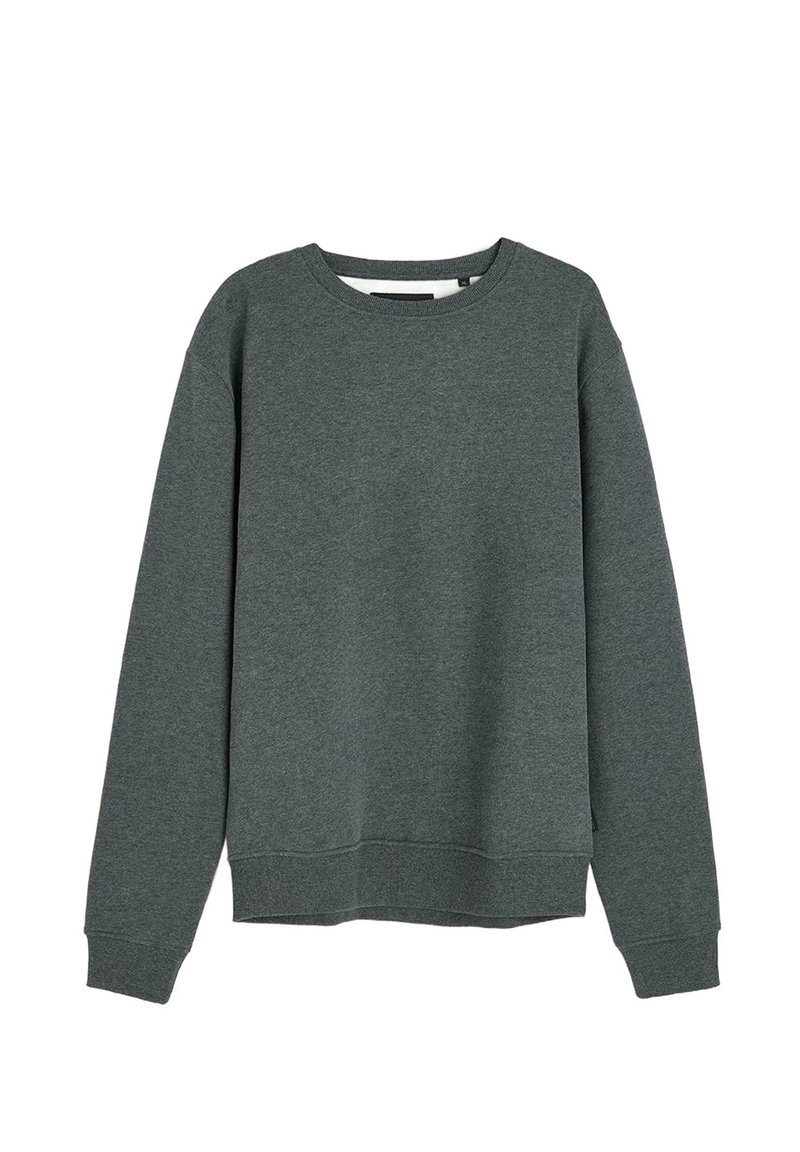 Szary sweatshirt wykonany z mieszanki bawełny, z okrągłym dekoltem, długimi rękawami, ściągaczami przy rękawach i dole, o miękkiej fakturze, bez wzorów.