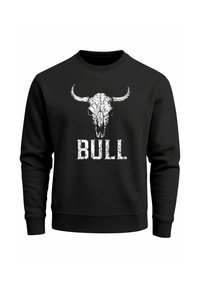 Black sweatshirt with long sleeves featuring a white bull skull graphic and the word "BULL" in distressed white text below.