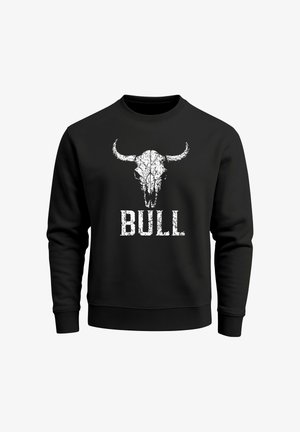 Black sweatshirt with long sleeves featuring a white bull skull graphic and the word "BULL" in distressed white text below.