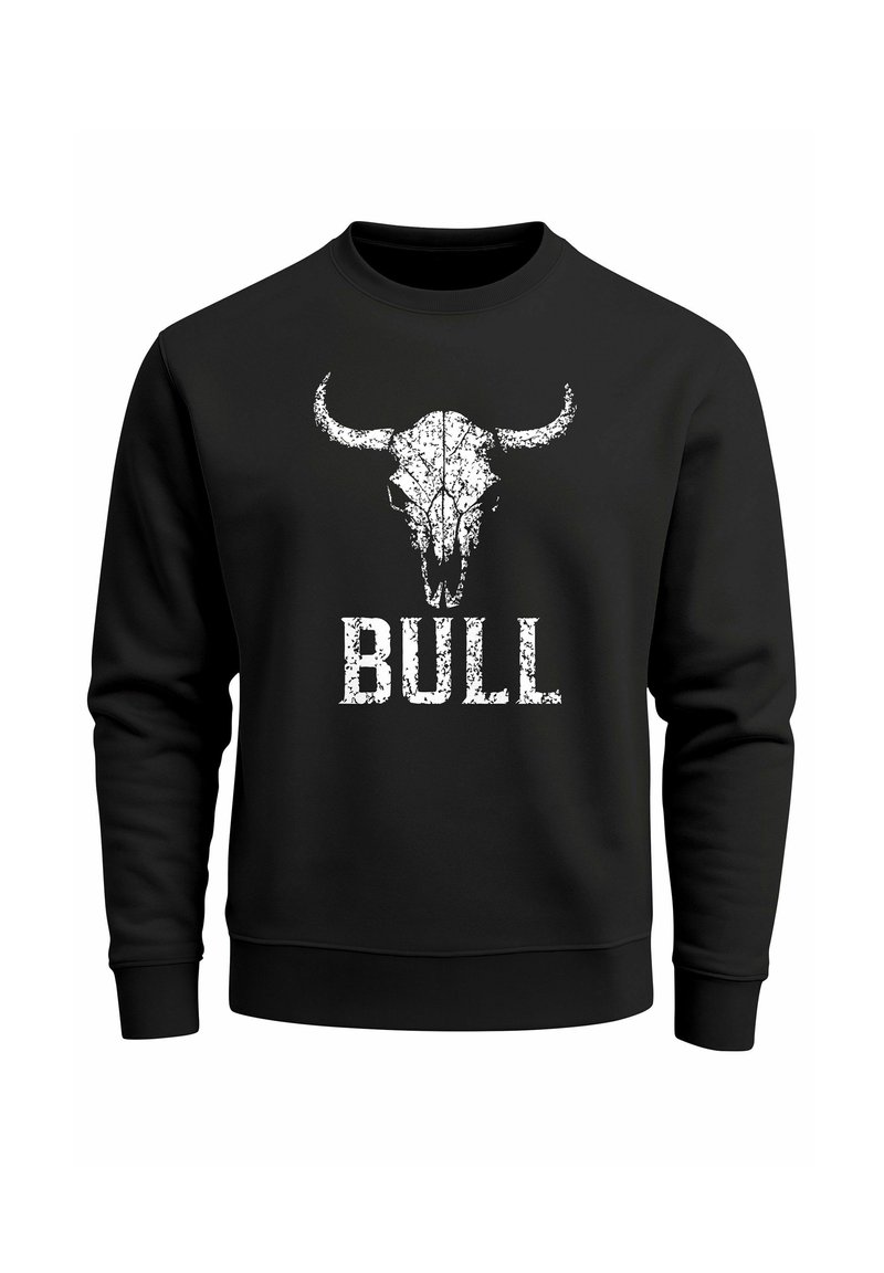 Black sweatshirt with long sleeves featuring a white bull skull graphic and the word "BULL" in distressed white text below.
