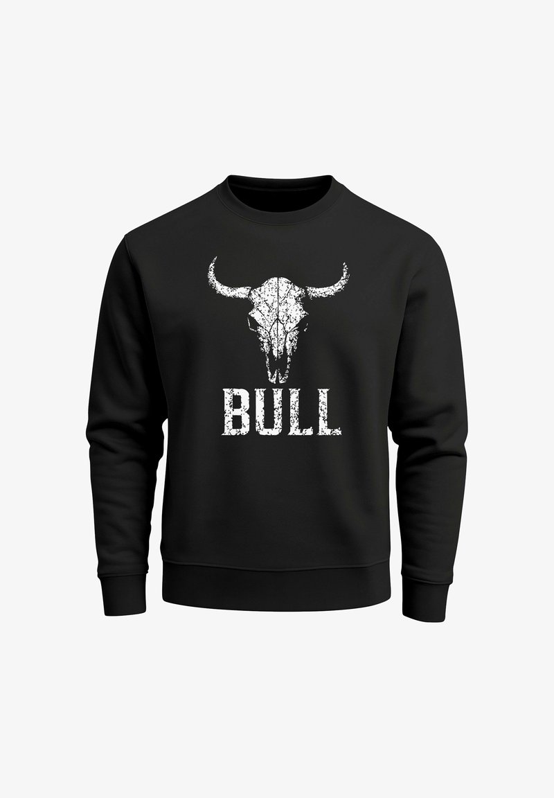 Black sweatshirt with long sleeves featuring a white bull skull graphic and the word "BULL" in distressed white text below.
