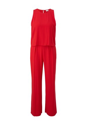 Roter ärmelloser Jumpsuit mit einer lockeren oberen Schicht, rundem Ausschnitt und weitem Bein. Hergestellt aus glattem Stoff mit einem Schlüsselrücken-Detail.