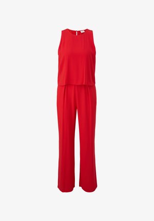 Rode mouwloze jumpsuit met een losse bovenlaag, ronde halslijn en wijde broekspijpen. Gemaakt van een soepele stof met een keyhole detail aan de achterkant.