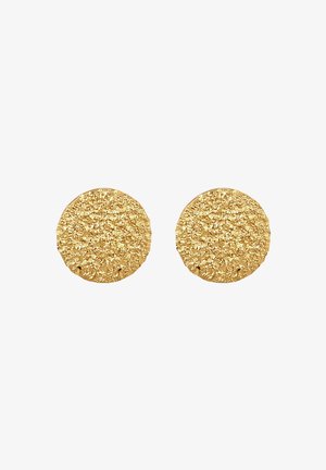 Goldene runde Ohrstecker mit strukturierter Oberfläche und körnigem Finish für visuelles Interesse und Glanz.
