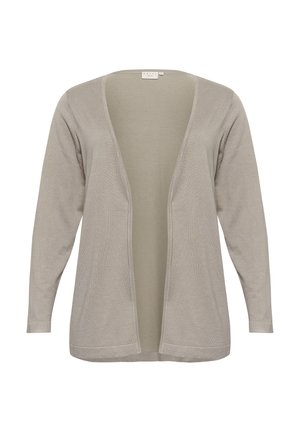 Gray cardigan with long sleeves, open front, and a soft texture; features a slightly textured fabric and clean edges.