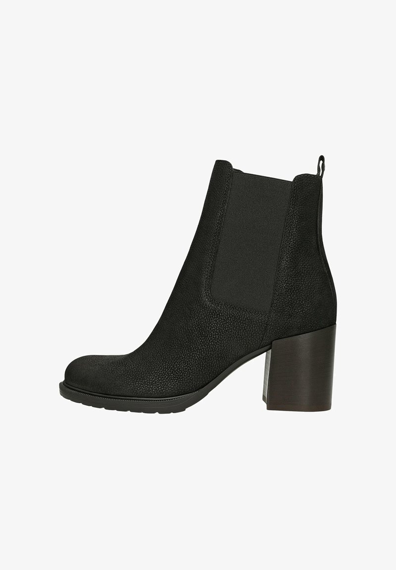 Černé kotníkové boty s texturovaným svrškem a elastickými bočními panely, s blokovým podpatkem a hladkou podrážkou pro lepší přilnavost.