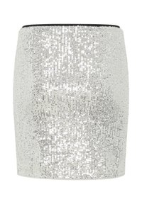 Strieborná mini sukňa so flitrami s priliehavým strihom a elastickým pásom. Reflexný povrch so hladkým čiernym lemom na vrchu.