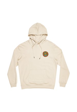Beige hoodie gemaakt van een katoenmix. Beschikt over een voorzak, trekkoorden en een kleurrijk rond logo op de borst.
